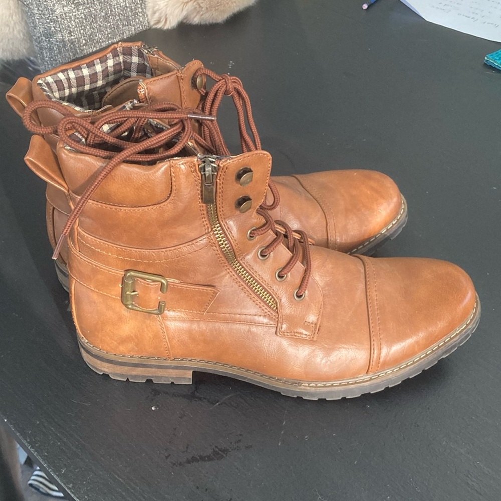 Brown Lace-Up Combat Boots Bruno Marc size 11 men’s leather plaid brown